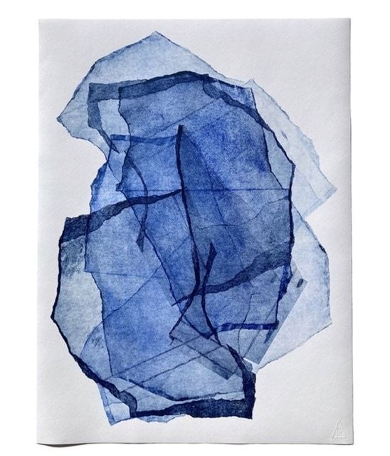 Layered translucent blue forms on a pale ground